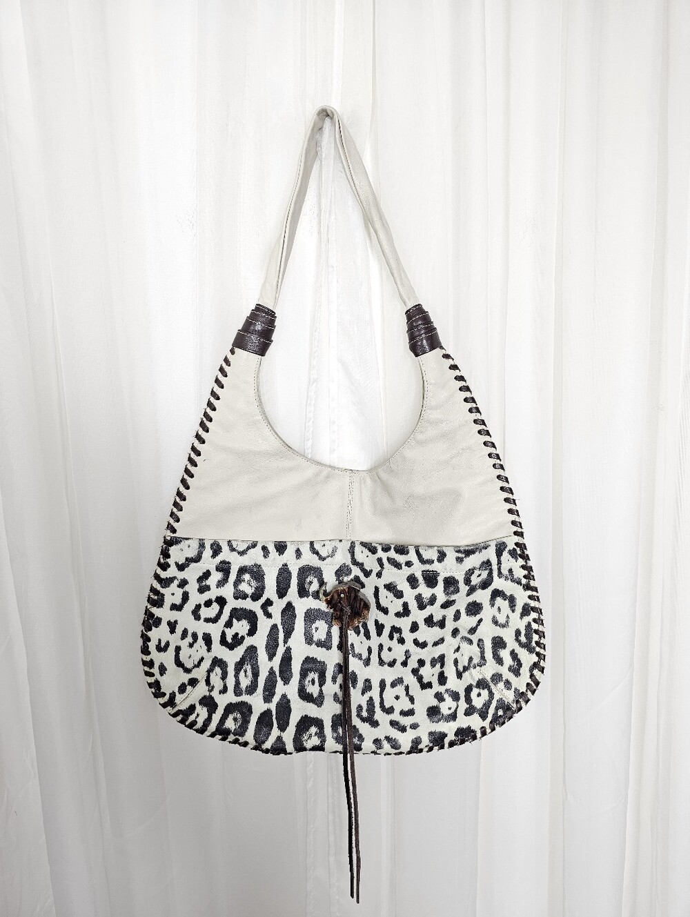Claudia Firenze Italy Genuine Leather Slouchy Hobo Bag Leopard Print Whipstitch